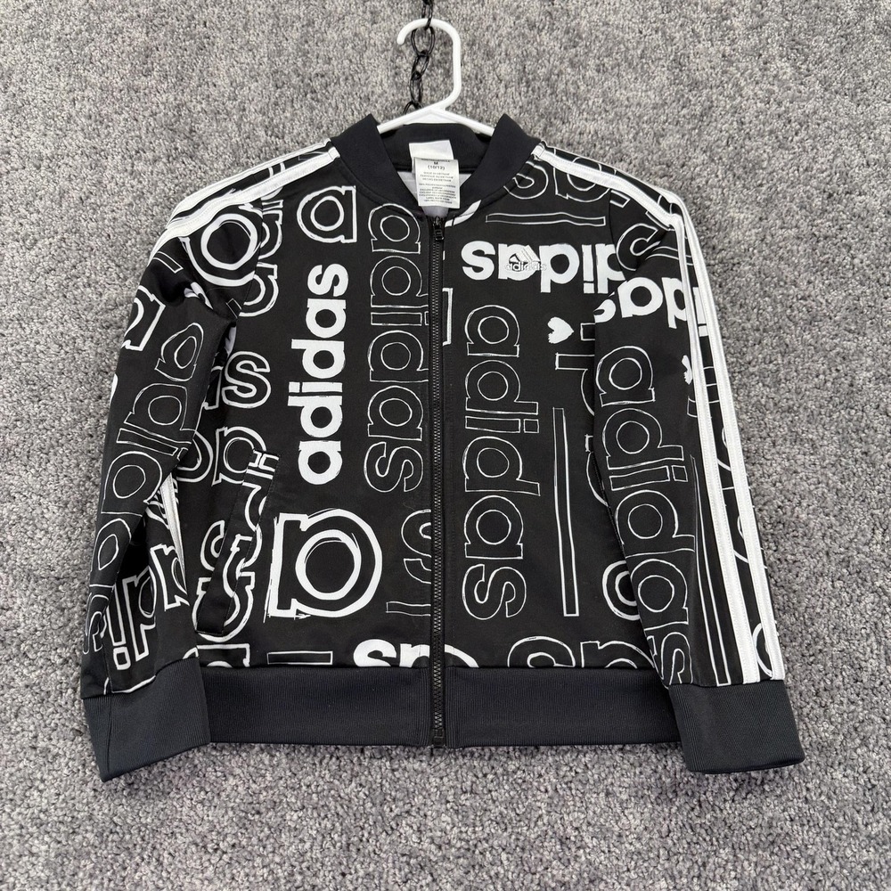 Adidas Jacket Kids 10-12 Black Allover Logo Track Full Zip Soccer Graphic Print